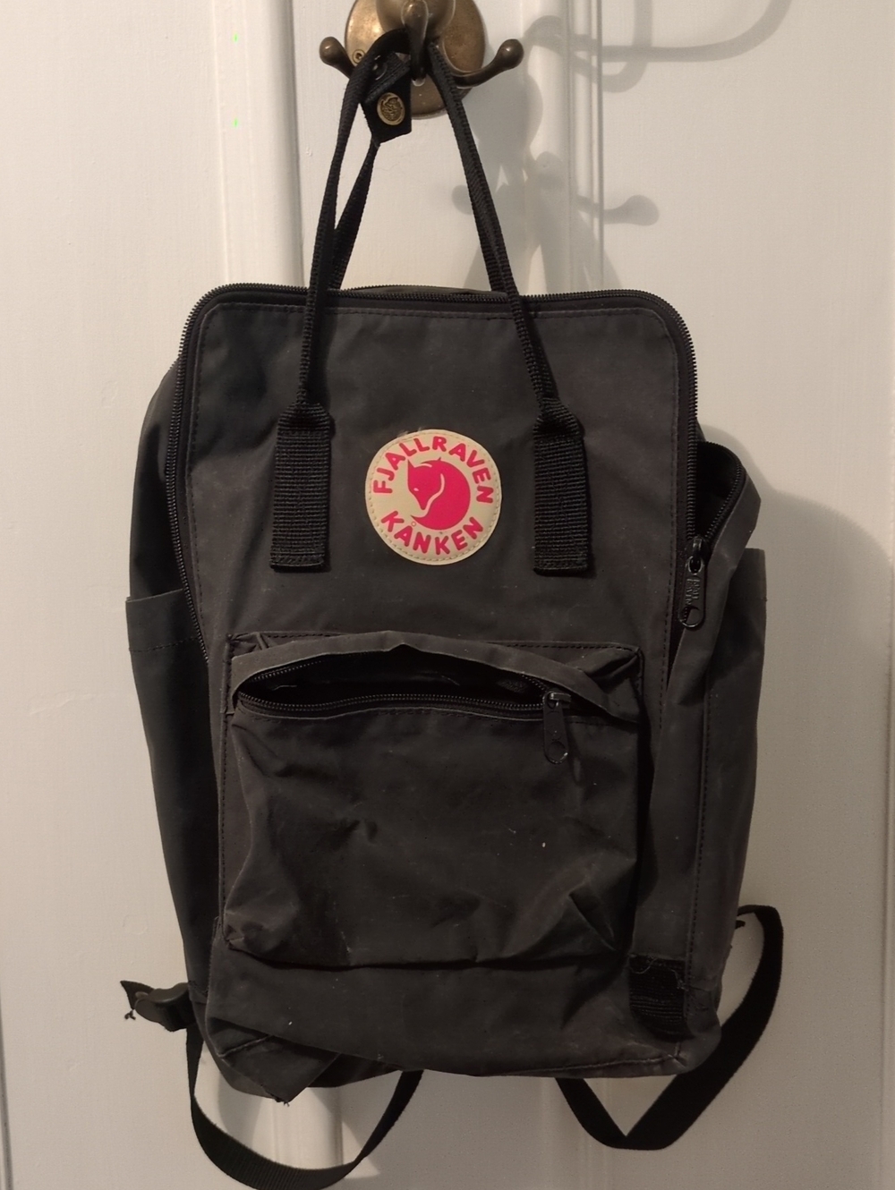 Fjallraven Kanken Black Backpack with Pink Logo Patch